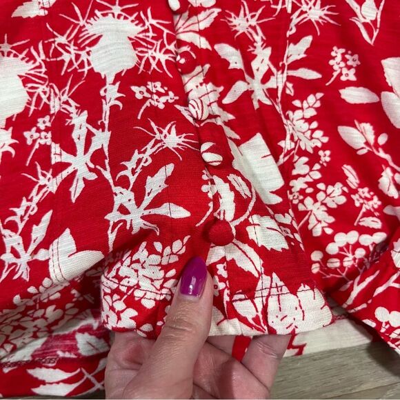 Anthropologie Maeve Seamed V-neck Button-Up Red Floral Top Long Sleeve S - Picture 6 of 10